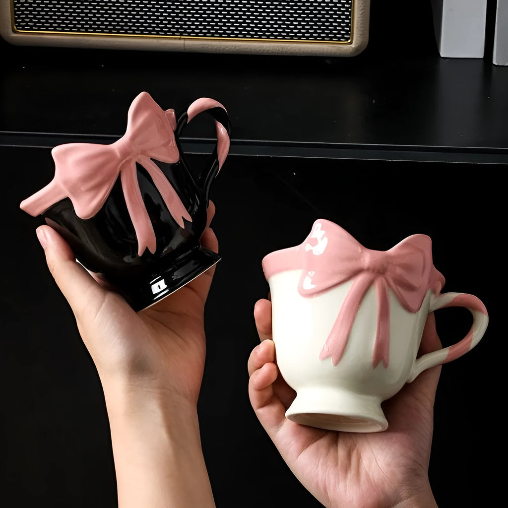 Ceramic mug with heart bow design in black pink or white powder, 301-400ml capacity