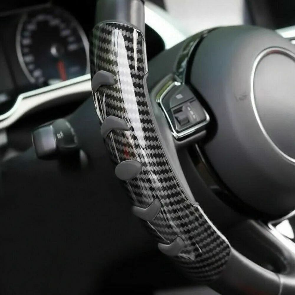 Carbon fibre black steering wheel anti-skid sleeve showing universal 38cm diameter fitment