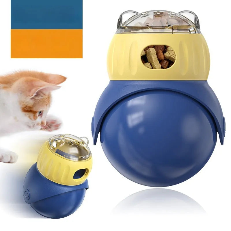 Owl-shaped plastic cat feeder toy in Morandi yellow and blue colours with tumbler mechanism