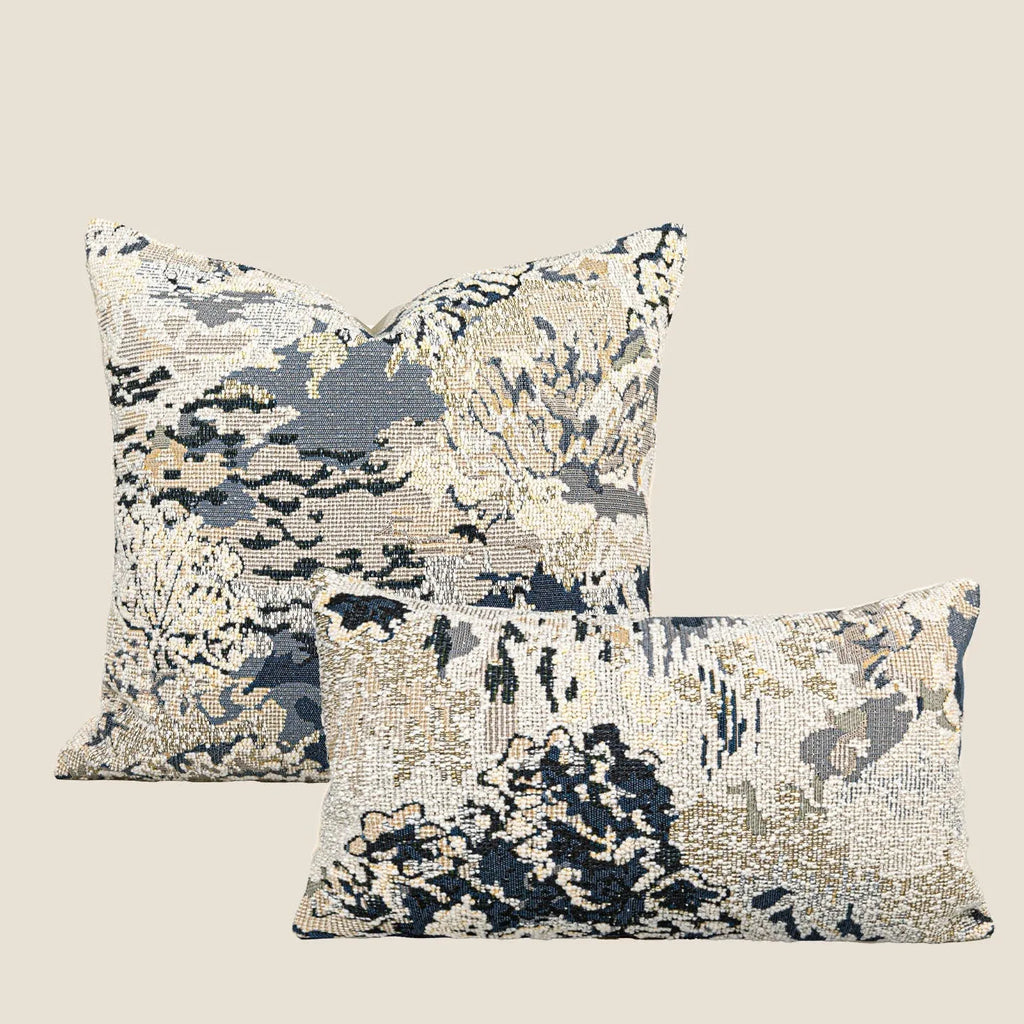 Blue wool blended decorative cushion with abstract flower pattern, shown in square and waist sizes.