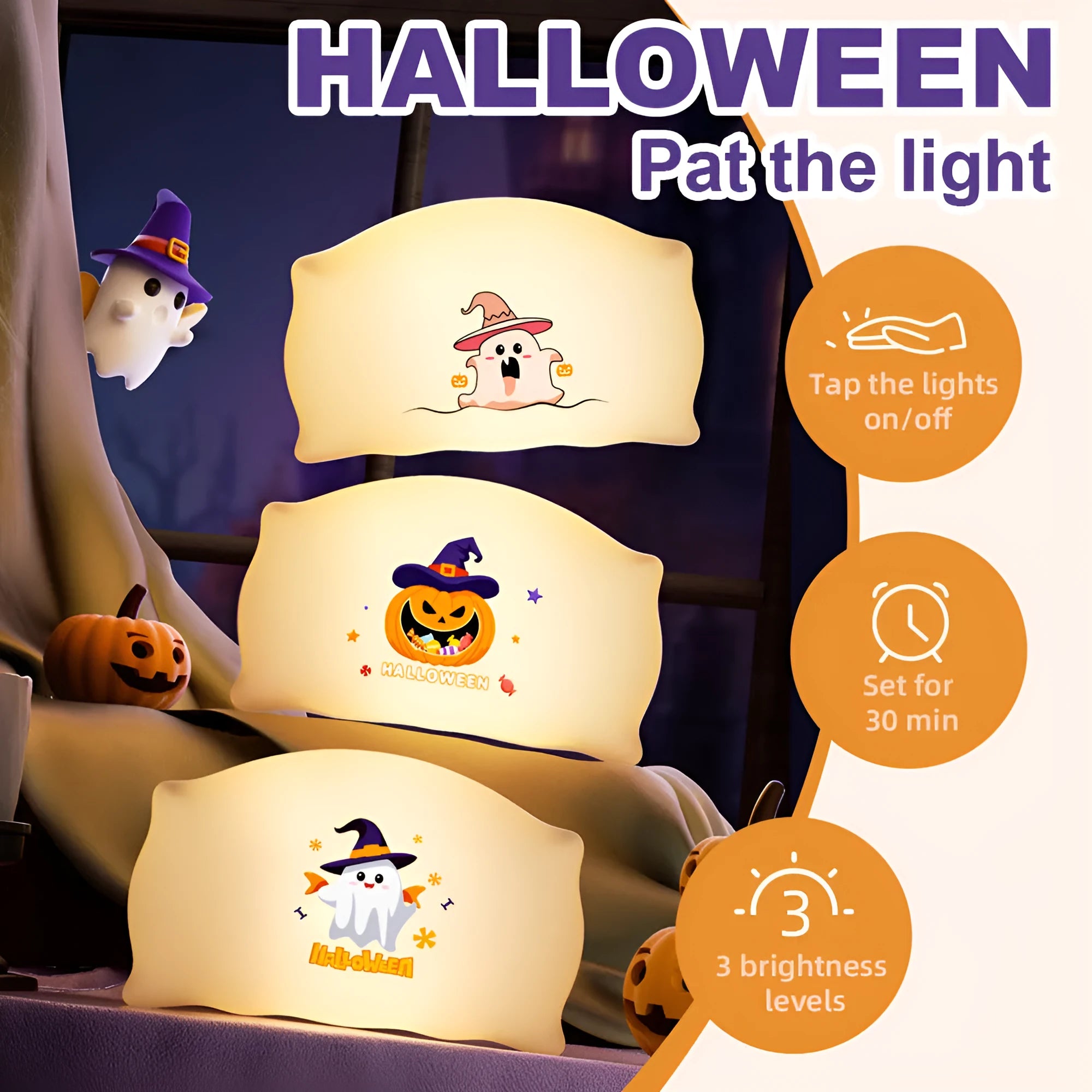 Small cartoon Halloween table lamp in Magic Ghost or Pumpkin Ghost colour on a bedside table.
