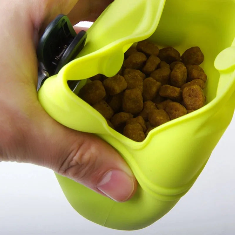 Silicone dog treat bag with clip attachment showing magnet closure and food-grade construction