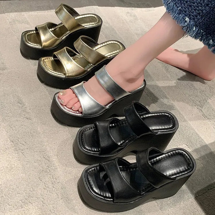 Women's black wedge platform slippers with square toe and 1-inch heel