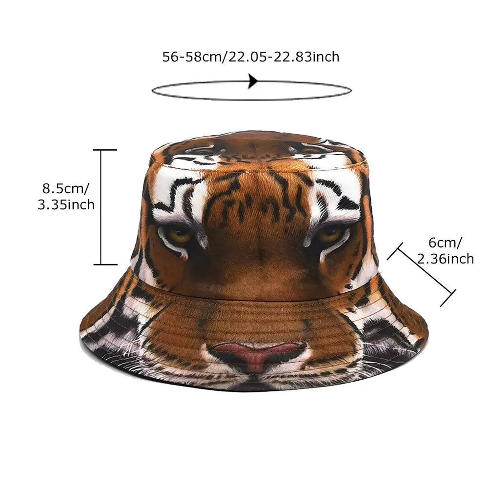 Tiger pattern bucket hat with dome crown in polyester fabric, khaki or black colour options