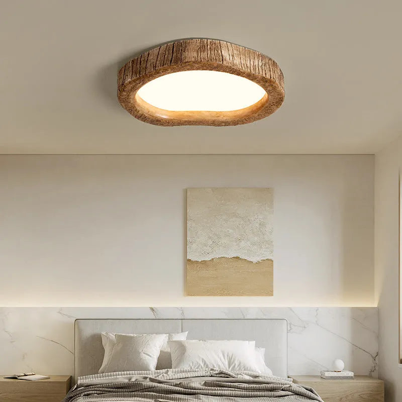 Round wood grain finish ceiling lamp in new Chinese style, showing three size options