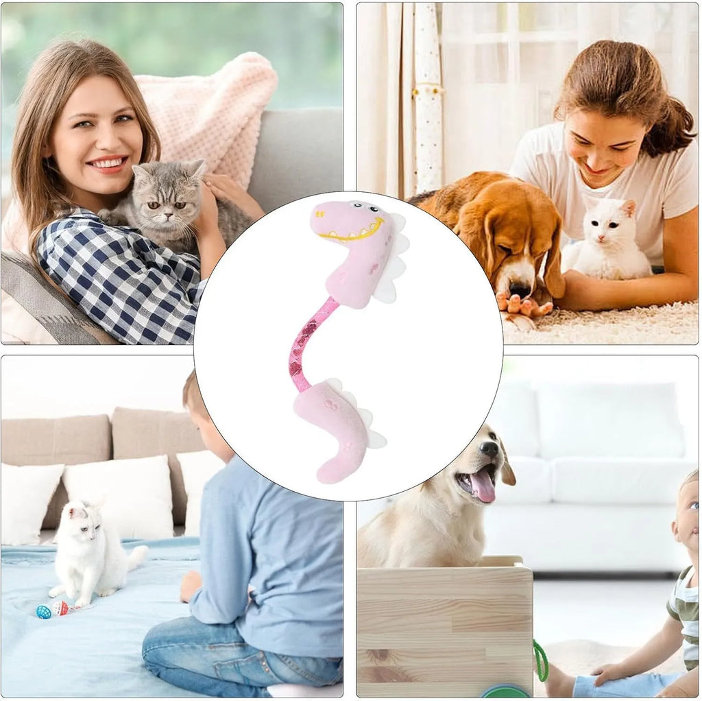 Four-piece cat toy bundle showing chew toy, plush mouse, fish, and bunny in pink, purple, and yellow colours.
