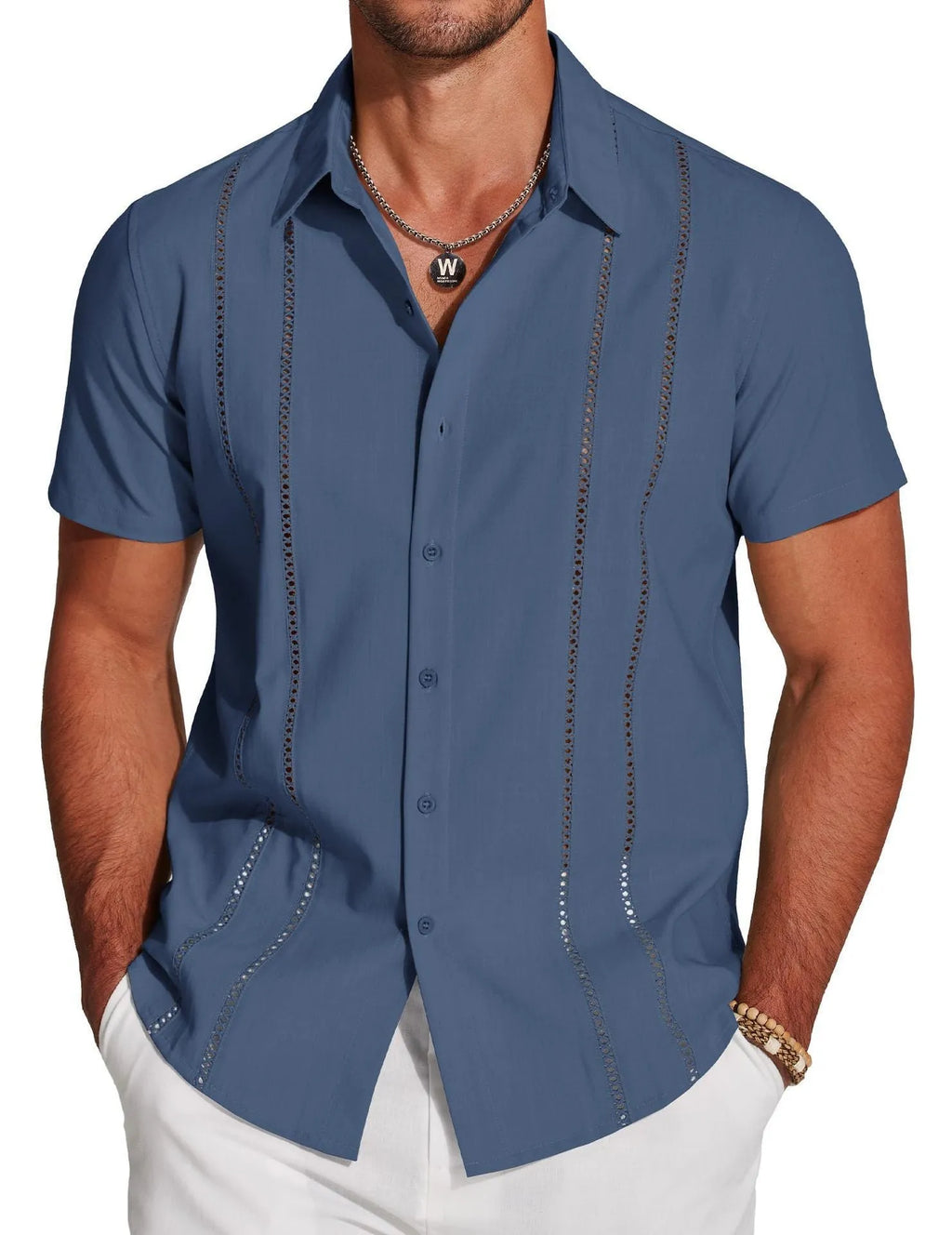 Men's slim fit short sleeve Hawaiian shirt with digital print in a cardigan style.