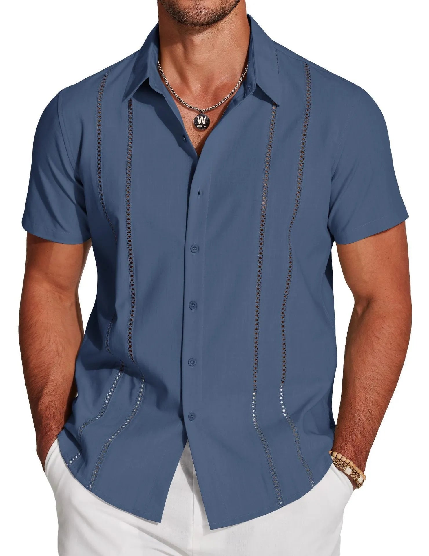 Men's slim fit short sleeve Hawaiian shirt with digital print in a cardigan style.