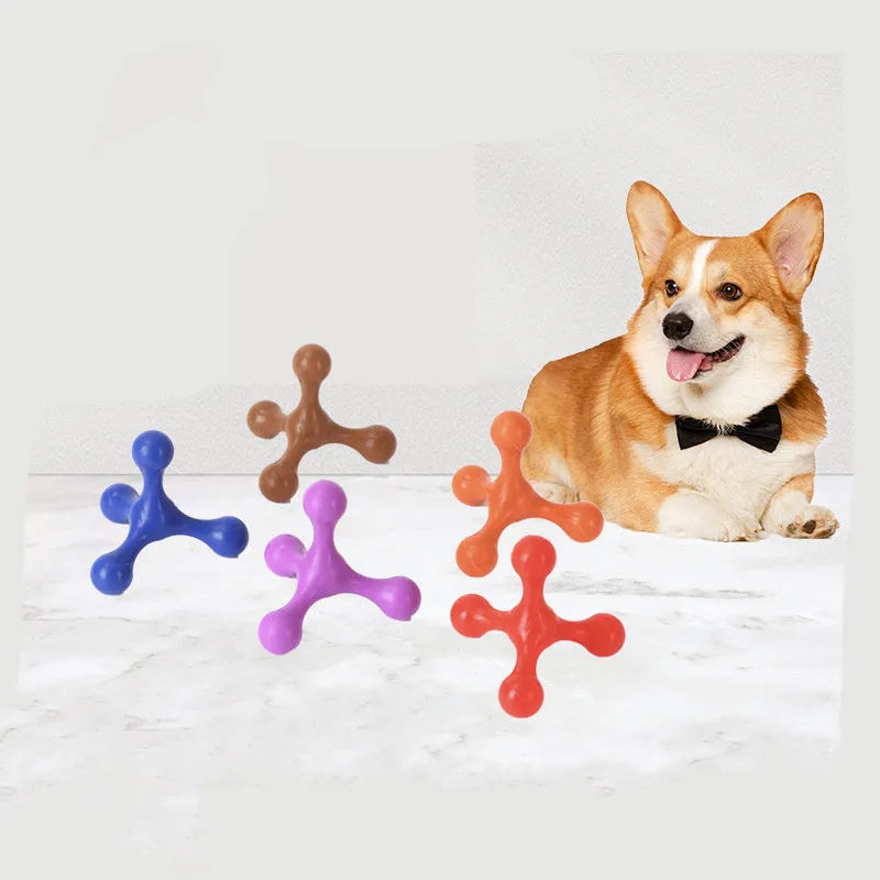 Three-legged silicone chew toy for puppies in blue, green, purple, red colours