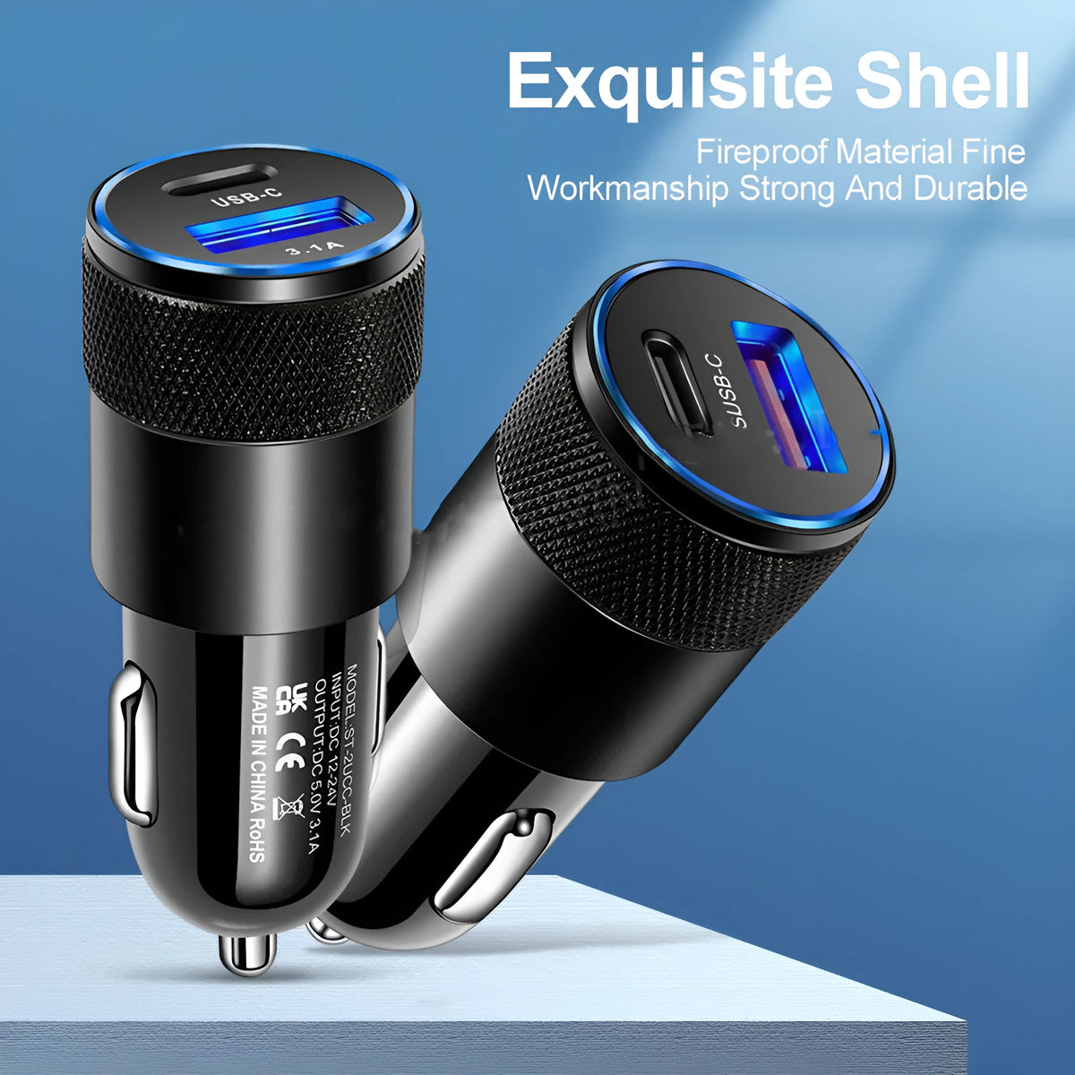 Aluminium alloy dual USB car charger for vehicle cigarette lighter sockets