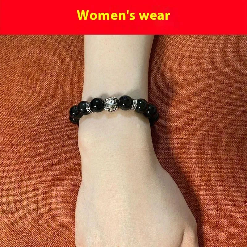 Unisex obsidian bracelet with lucky colour eye beads and silver cloud pattern detail, showing male 12mm and female 10mm sizes.