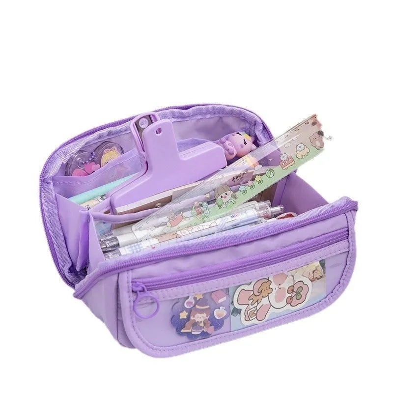 Korean style canvas pencil case with ten-layer flip design open to show multiple compartments