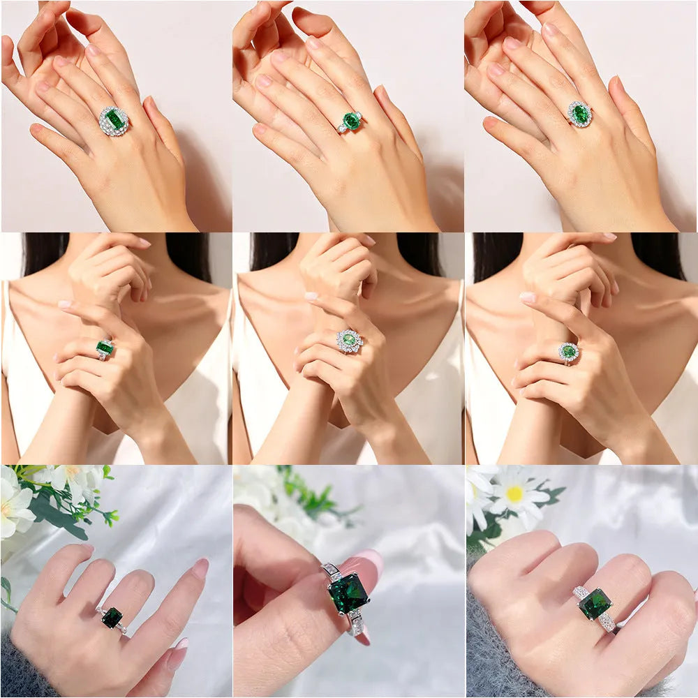 S925 silver emerald ring with high carbon diamond inlay in geometric ellipse shape on model finger.
