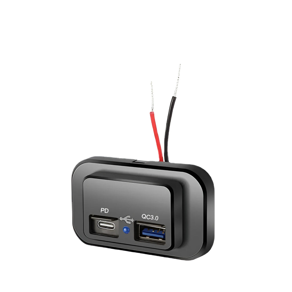 Black car charger with USB-C port for QC3.0 and PD fast charging at 36W.