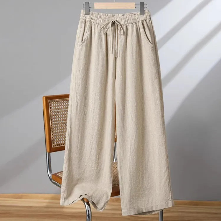 Women's straight-leg casual trousers with elastic waist and drawstring in polyester fabric