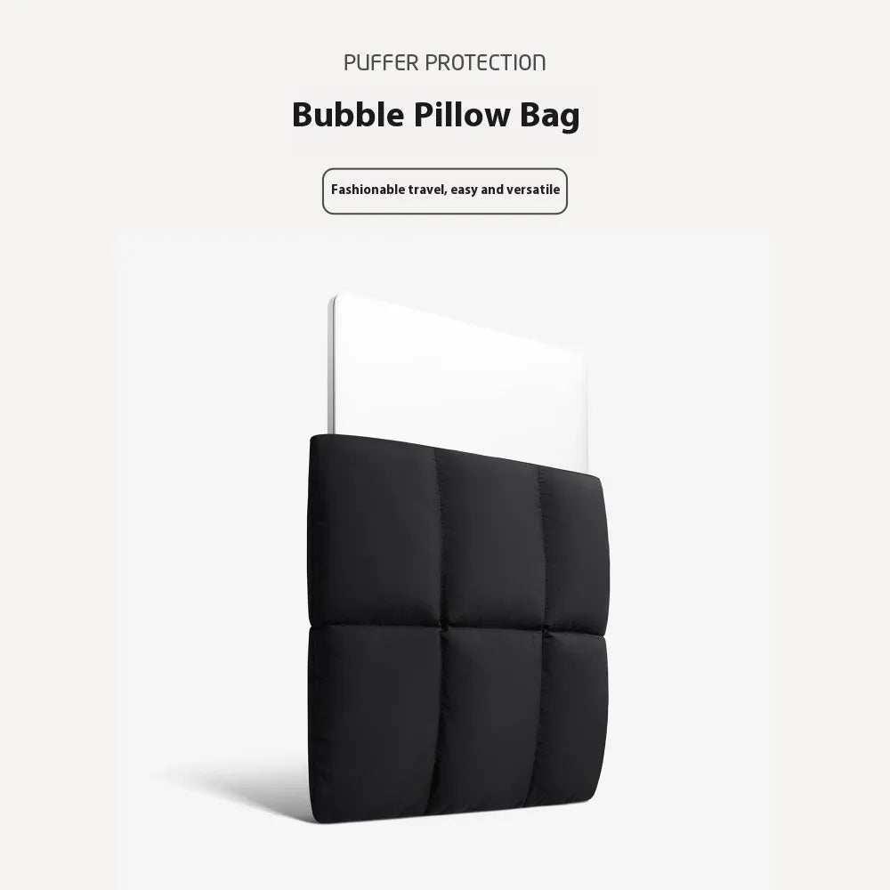 Soft fluffy polyester laptop sleeve in black and khaki colours on a table, showing sewing thread detail and size options.