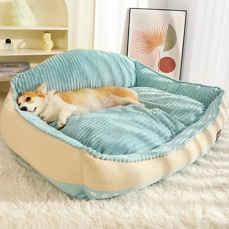 Morandi colour removable cover pet bed for dogs or cats, shown in medium and large sizes.