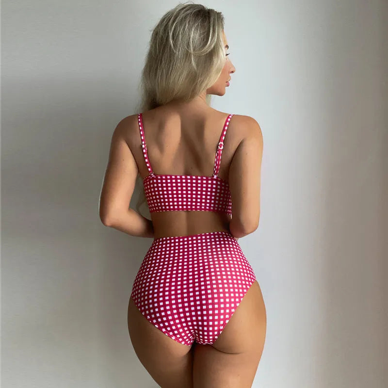 Women's plaid high-waisted bikini swimsuit in rose red, black, blue, and sky blue colours