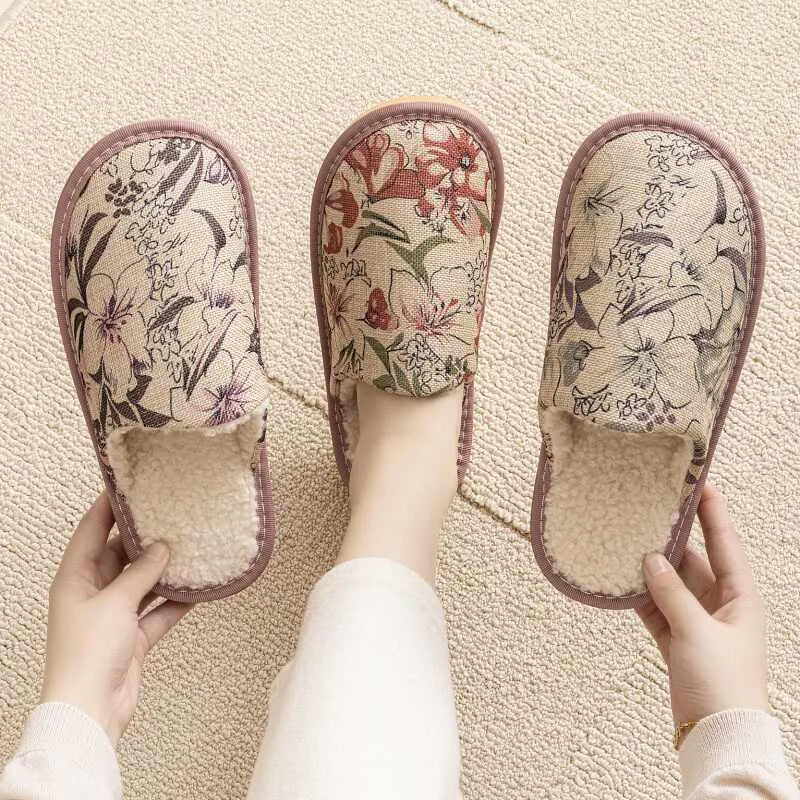 Cotton household slippers with linen surface and PVC soles in multiple colour options
