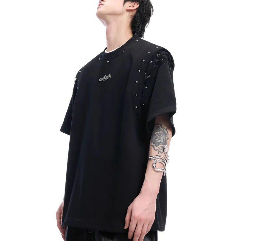 Black short sleeve t-shirt with side lace-up cutout detail on white background