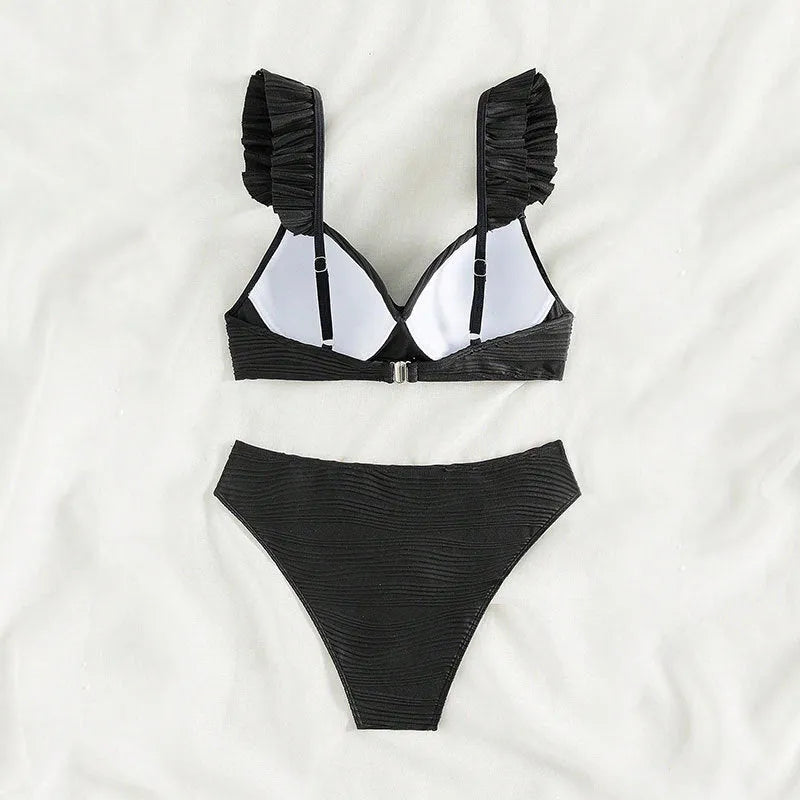 Women's solid colour bikini swimsuit in black or khaki, showing front view of two-piece design.