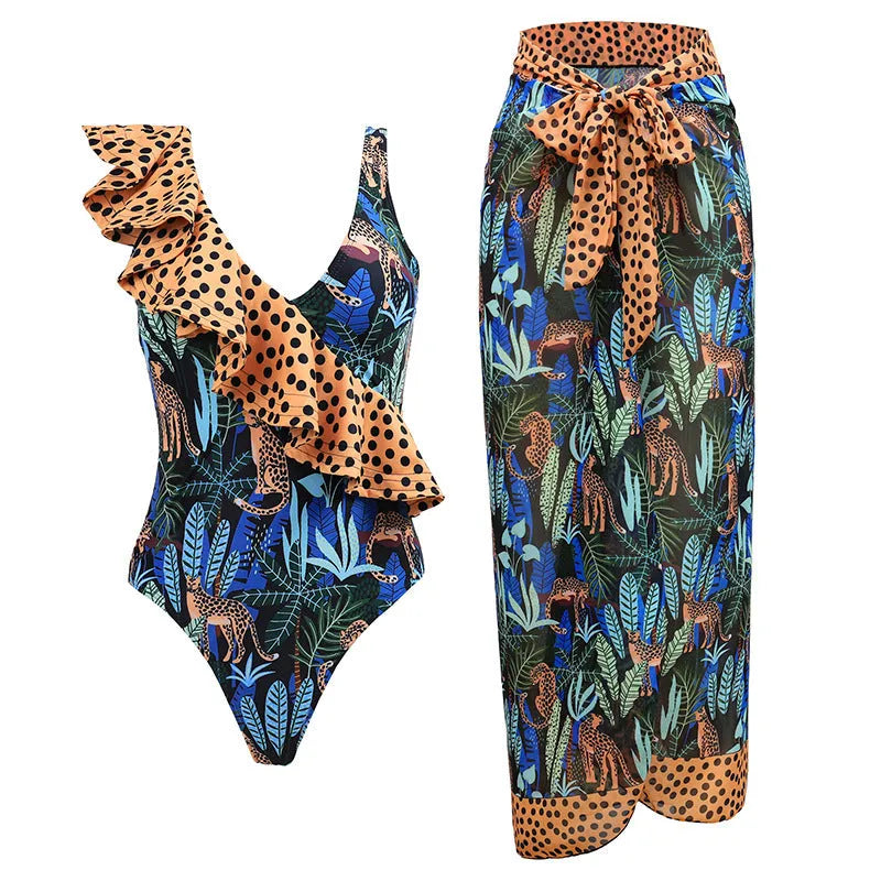Women's solid colour one-piece swimsuit with spaghetti straps and an attached skirt.