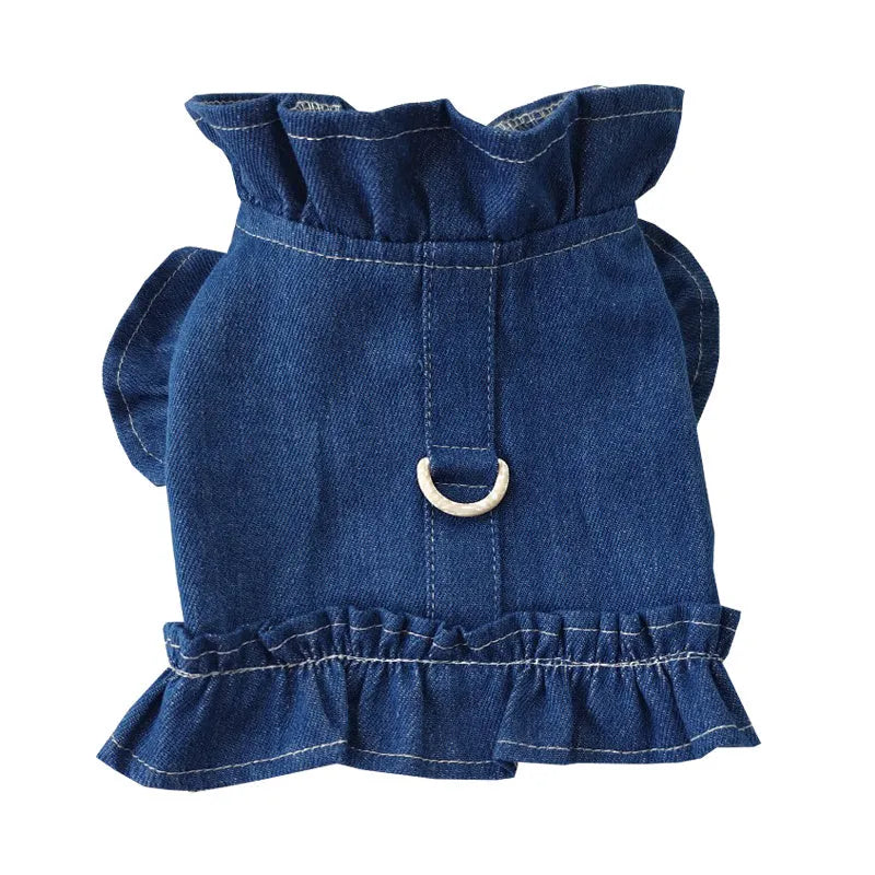 Blue denim dog dress with ruffle vest design and chest leash hook in various sizes