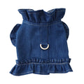 Blue denim dog dress with ruffle vest design and chest leash hook in various sizes