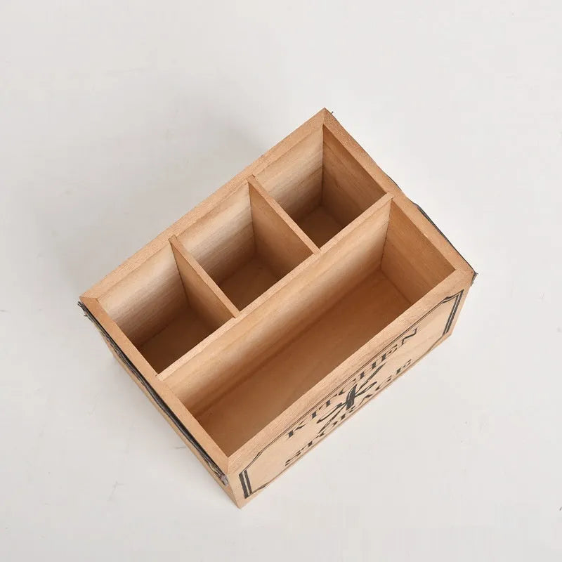 Wooden kitchen storage box with grid dividers for cutlery organisation