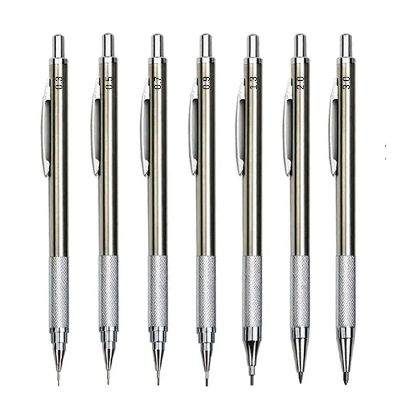 Metal mechanical pencil available in 0.5mm, 0.7mm, and 2.0mm sizes for technical drawing