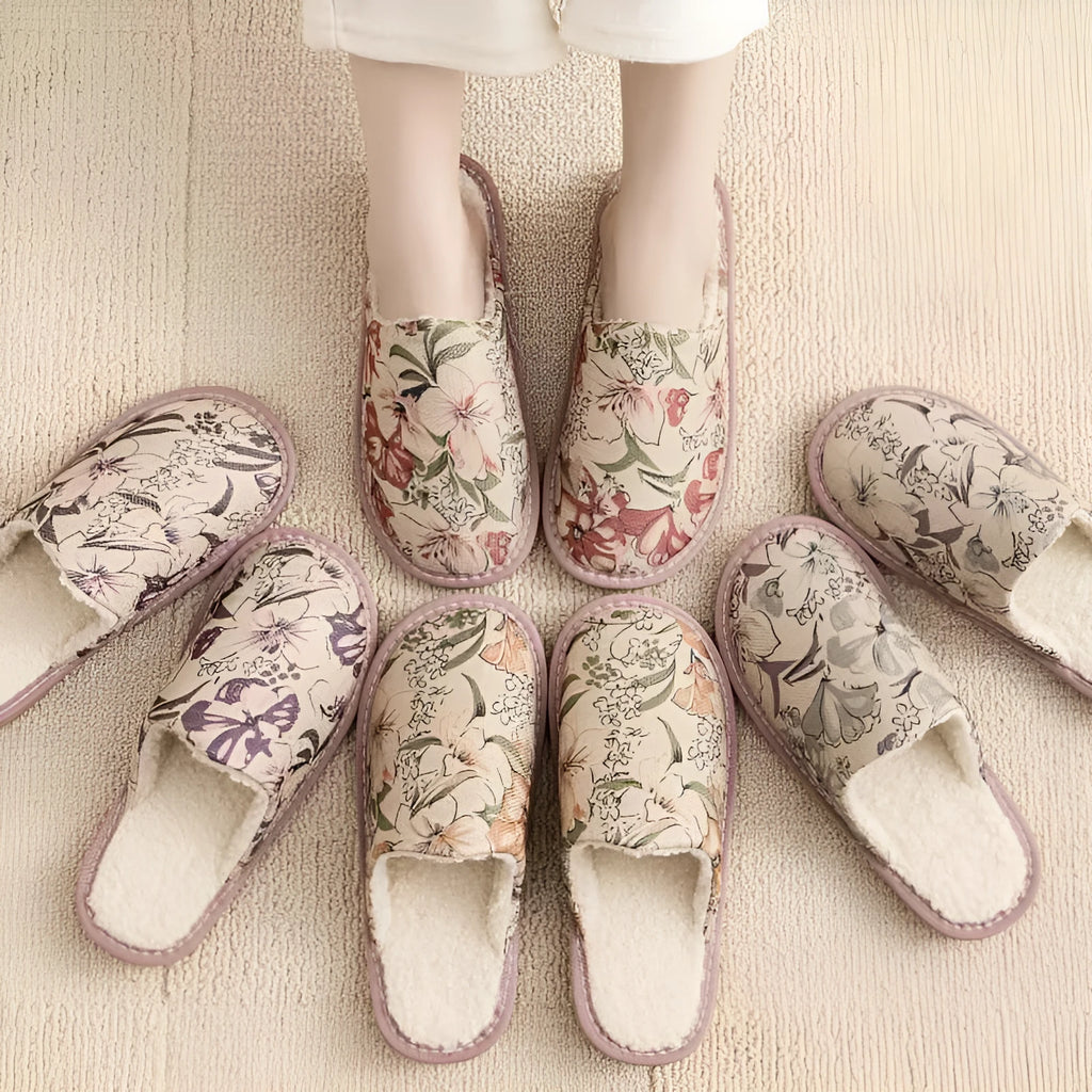 Cotton household slippers with linen surface and PVC soles in multiple colour options