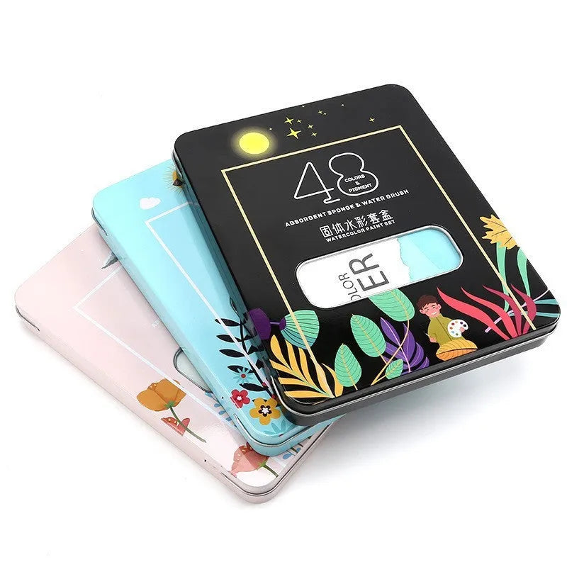 48-colour solid watercolour paint set box showing organised pigment blocks including Black Knight, Girl Pink and Sunshine Blue