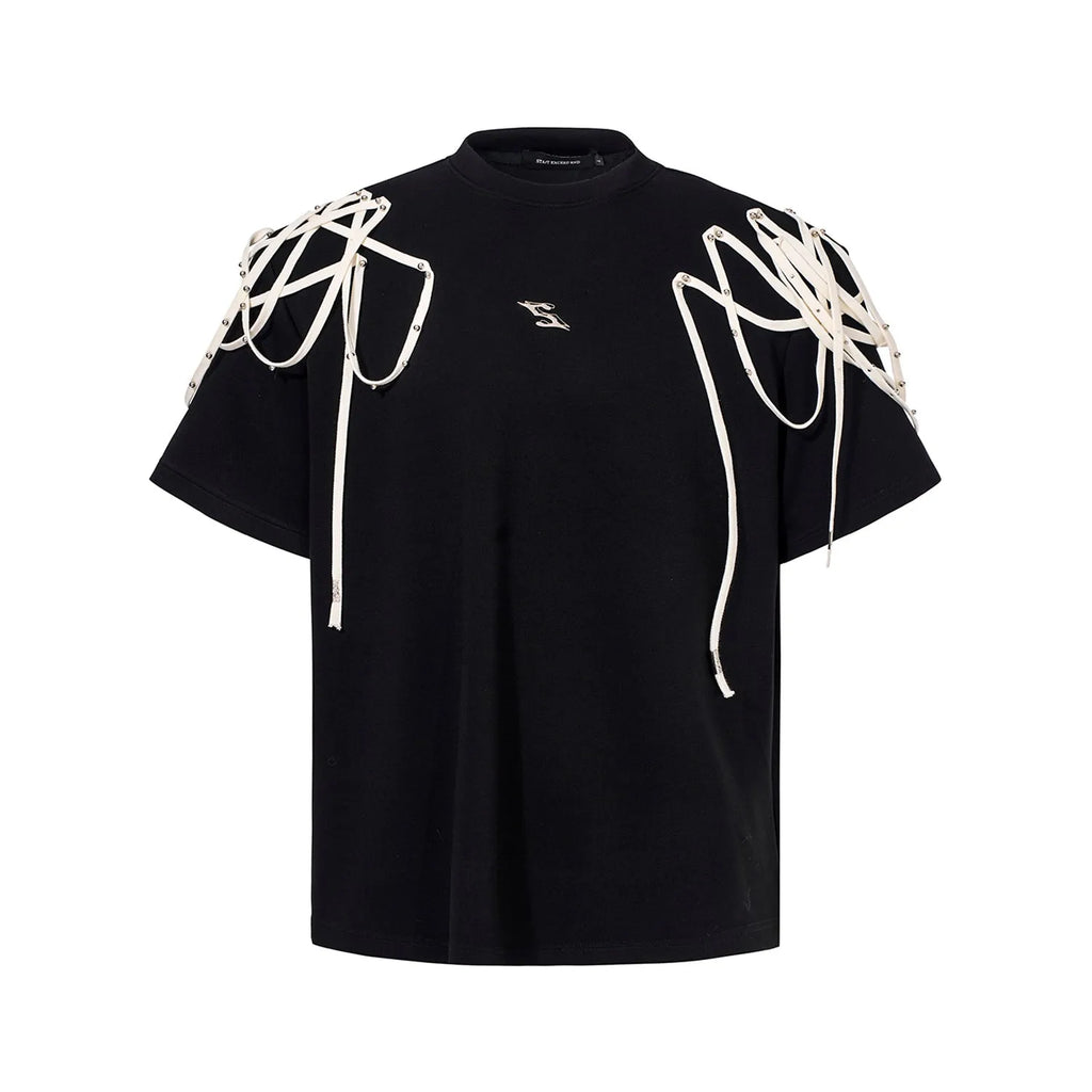 Black women's t-shirt with decorative ribbon trim padded shoulders and rivet detailing