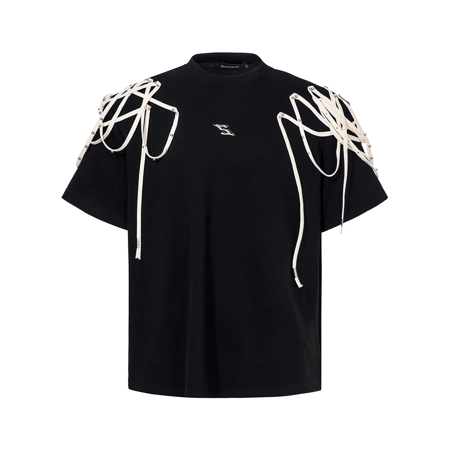 Black women's t-shirt with decorative ribbon trim padded shoulders and rivet detailing