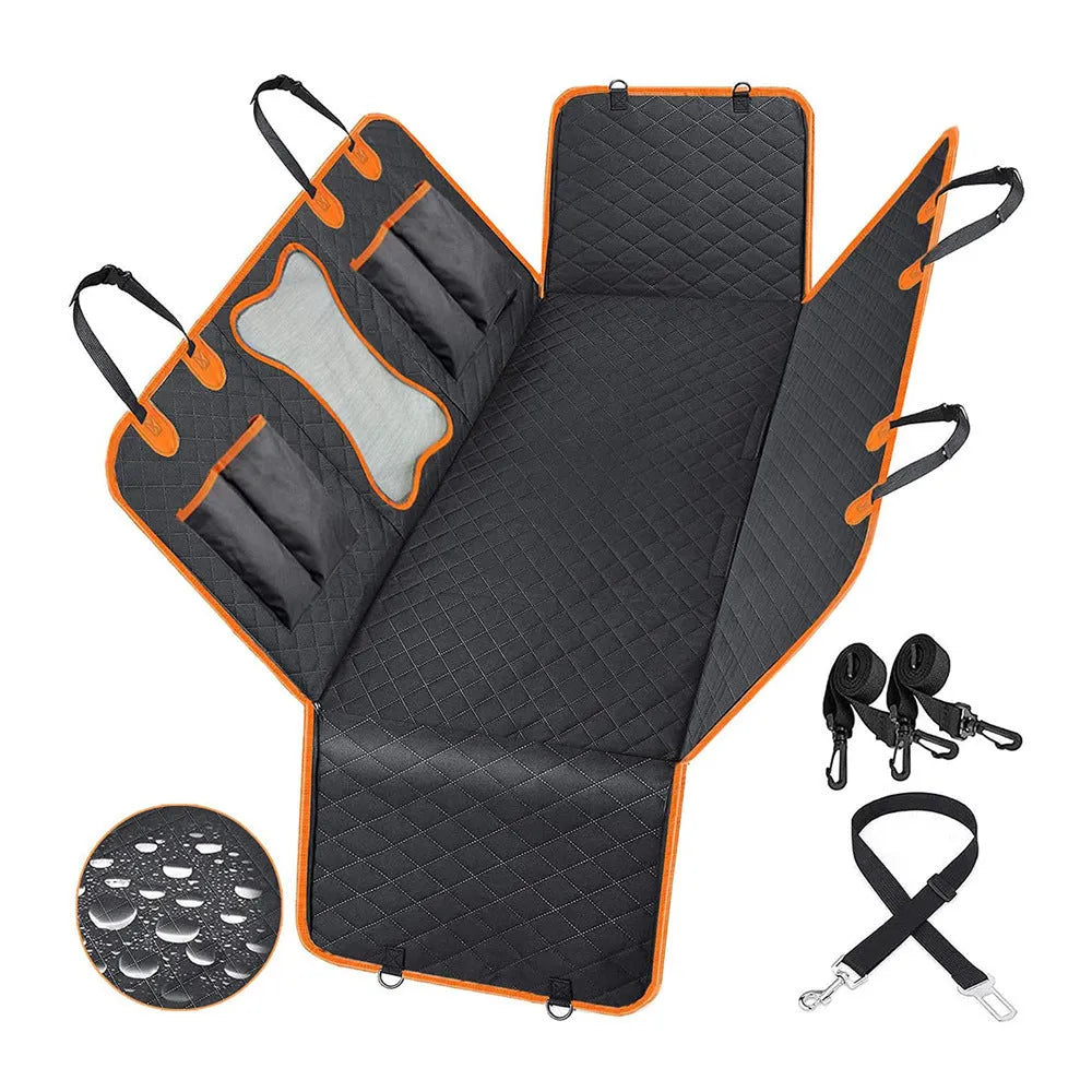 Black waterproof dog car hammock with orange edge, installed on rear seats with mesh window visible.