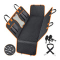Black waterproof dog car hammock with orange edge, installed on rear seats with mesh window visible.