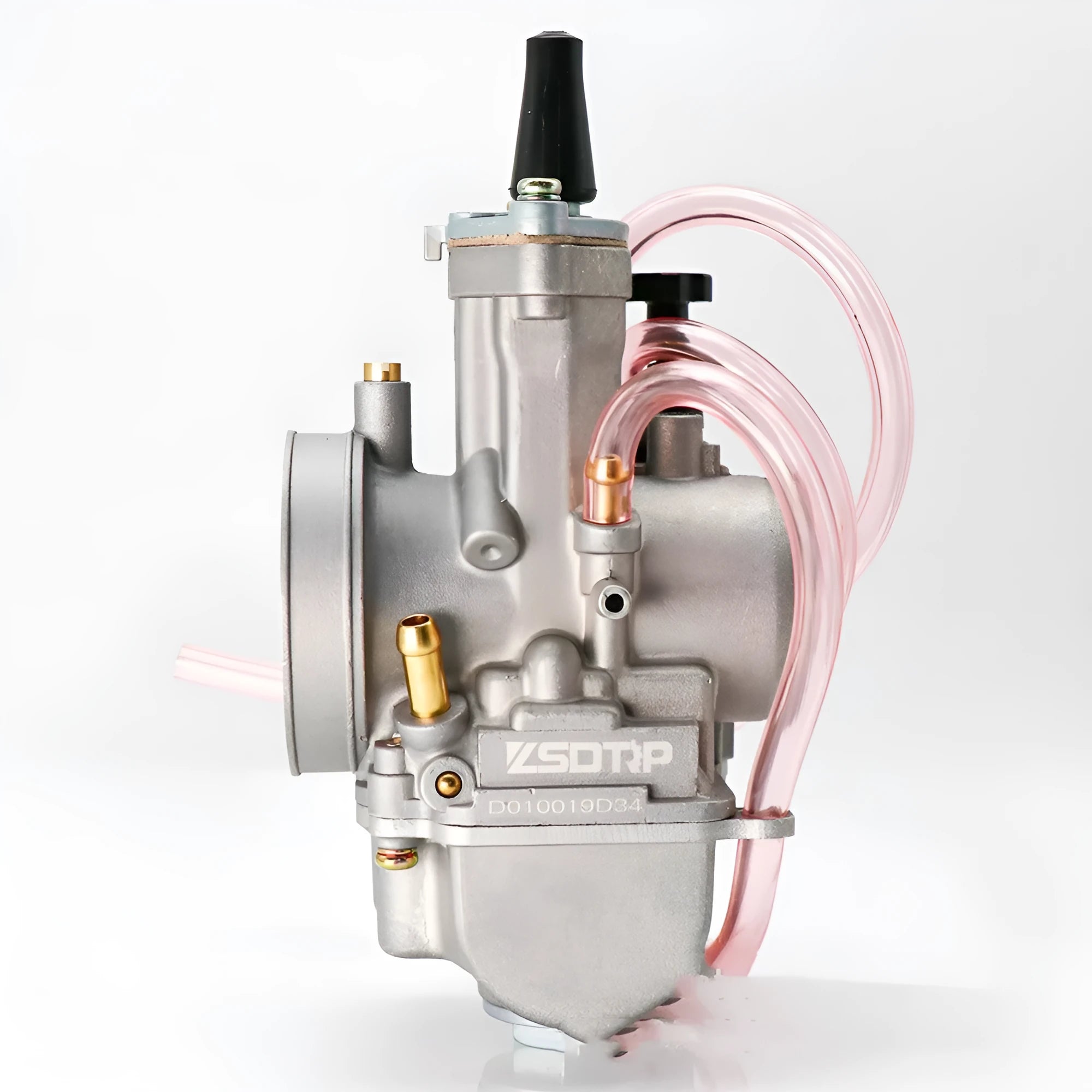 Seven sandblasted PWK motorcycle carburettors in sizes 21mm, 24mm, 26mm, 28mm, 30mm, 32mm, and 34mm.