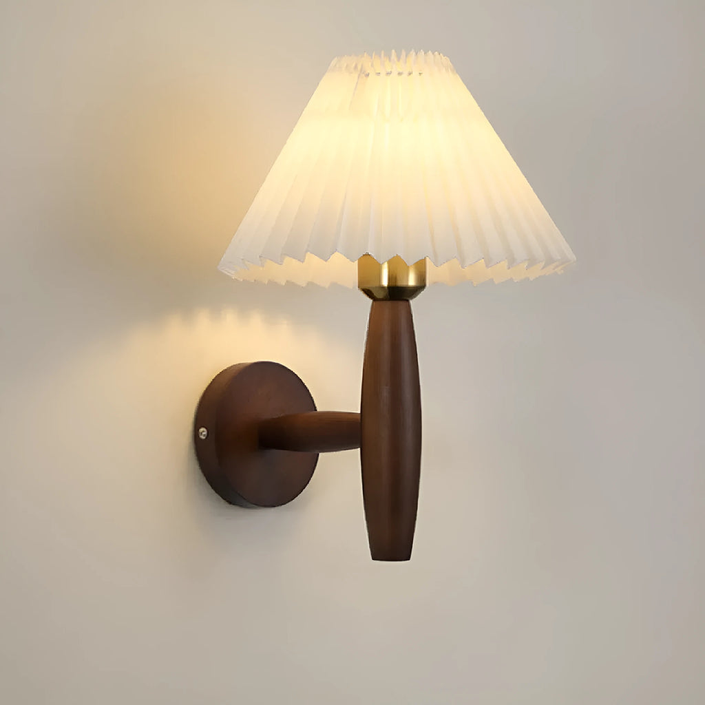 Retro wooden wall lamp with fabric shade in walnut or copper finish for bedside or living room