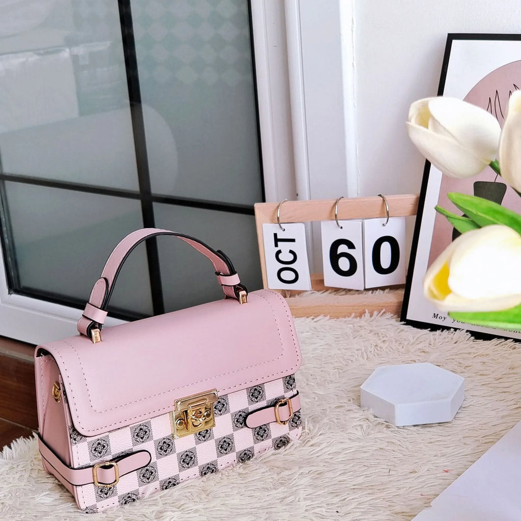 PU leather crossbody bag with small square ethnic pattern design showing file bag interior organisation