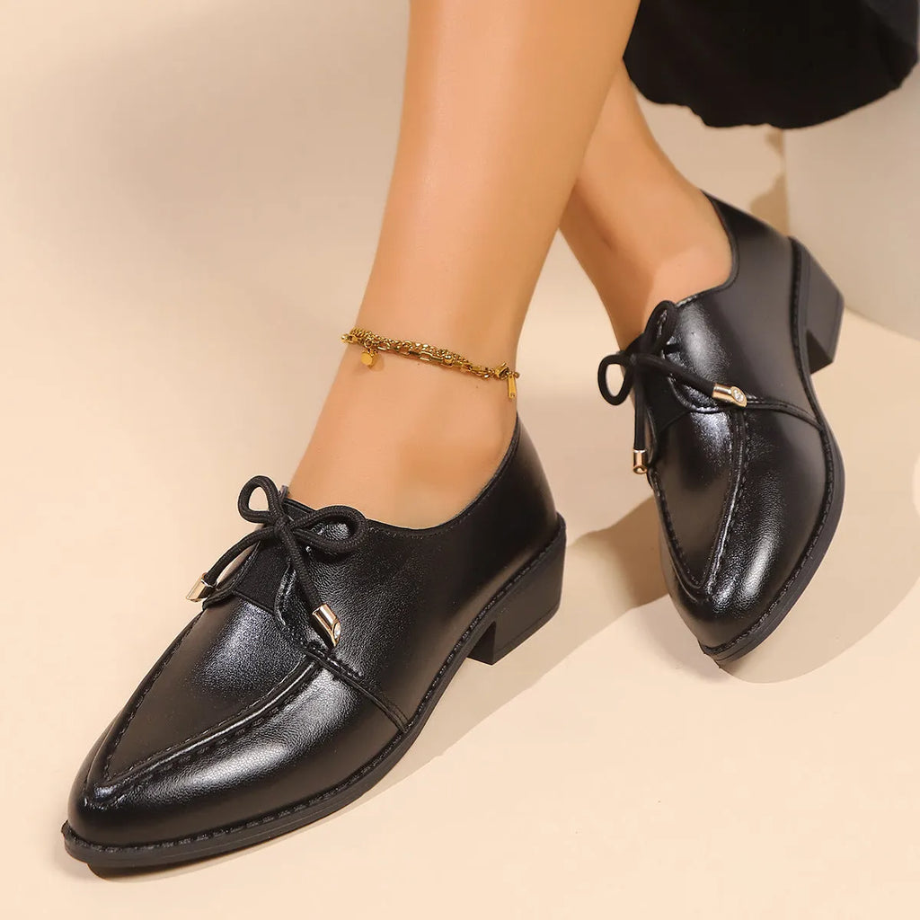 Women's British-style leather shoes with decorative bow detail in three style options