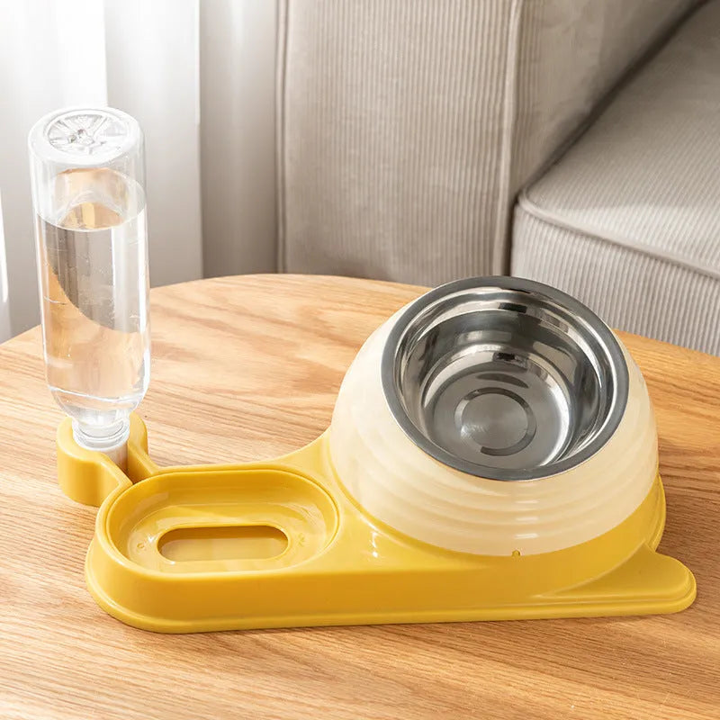 Brown elevated cat bowl set with automatic water bottle and curved food dish