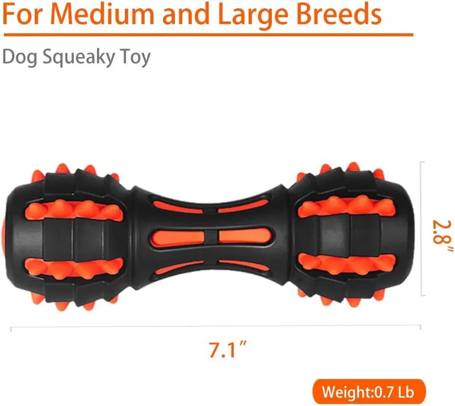 Red rubber dumbbell-shaped dog chew toy for aggressive chewers with double-layer construction