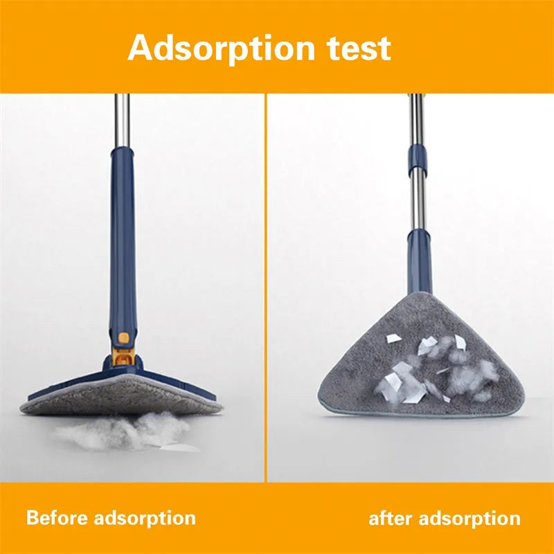Blue extendable triangle cleaning mop with 360-degree rotating head on a stainless steel pole.