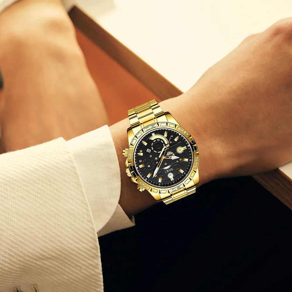 Men's gold quartz wristwatch with stainless steel band and 10mm thickness