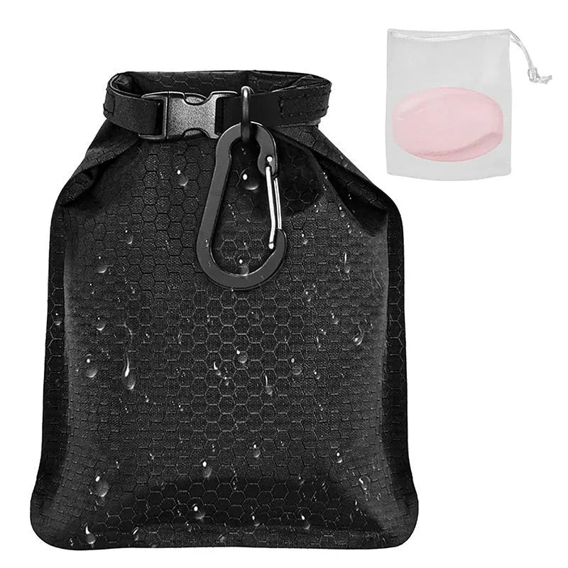 White bubble net soap bag with drawstring closure, shown with a blue bar of soap inside, dimensions 17 by 13 cm.