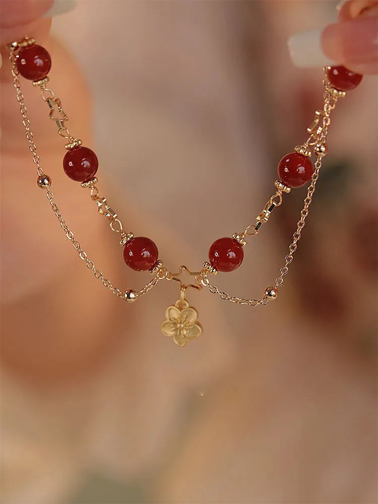 Red agate double layer women's bracelet with peach blossom charm jewellery