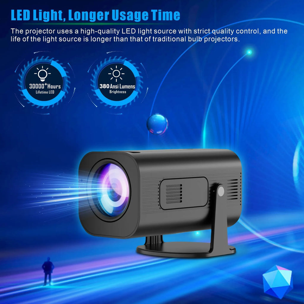 P330 black and white mini projector with remote control on table
