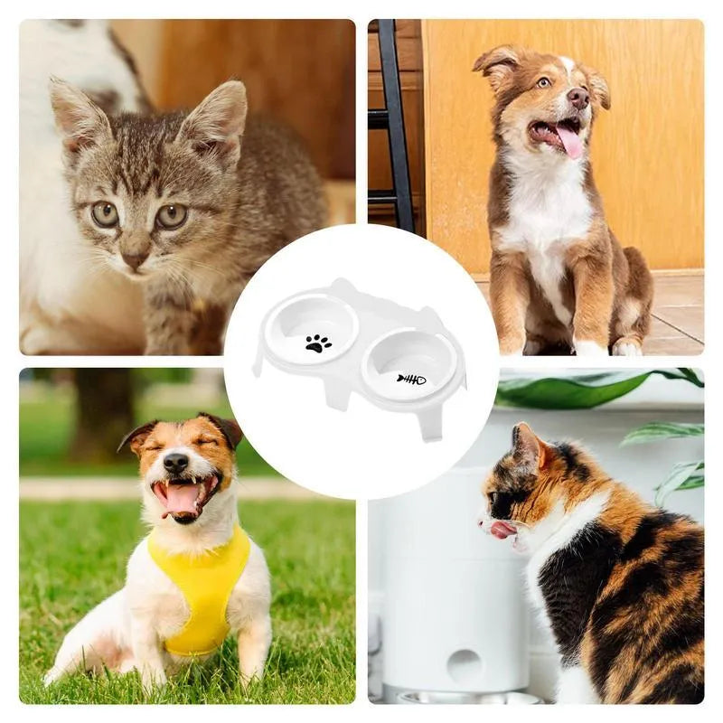 Ceramic cat food and water bowl set on elevated tilted stand with hook design