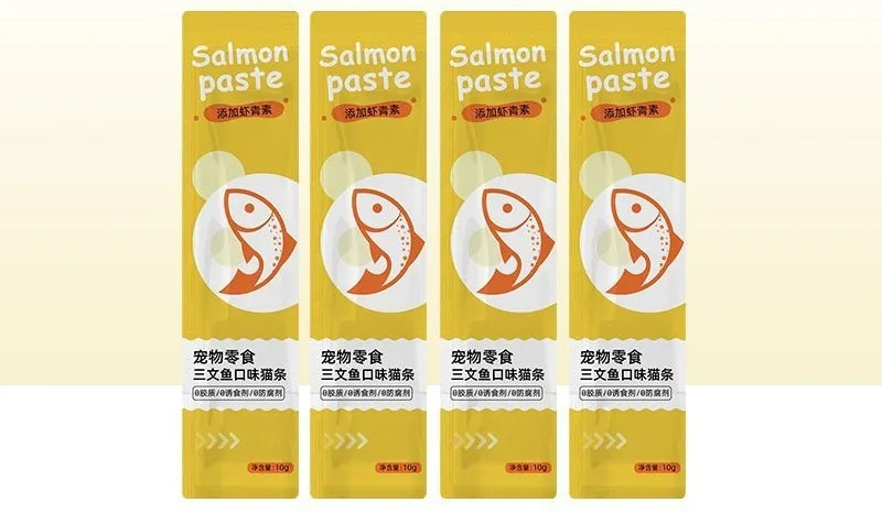 Pack of 10 cat snack strips for kittens in four flavour varieties