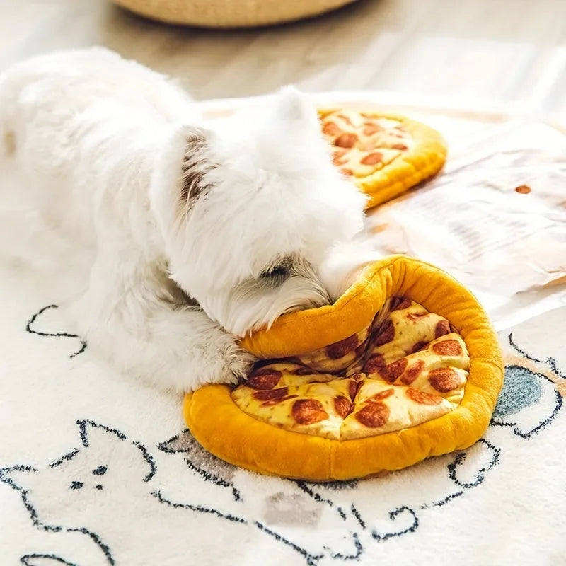 Yellow pizza slice shaped dog chew toy with squeaker for small medium dogs